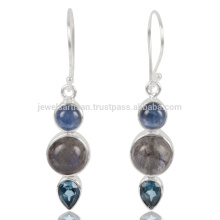 Genuine Kyanite Labradorita y Swiss Topaz azul piedras preciosas 925 Streling Sliver pendiente